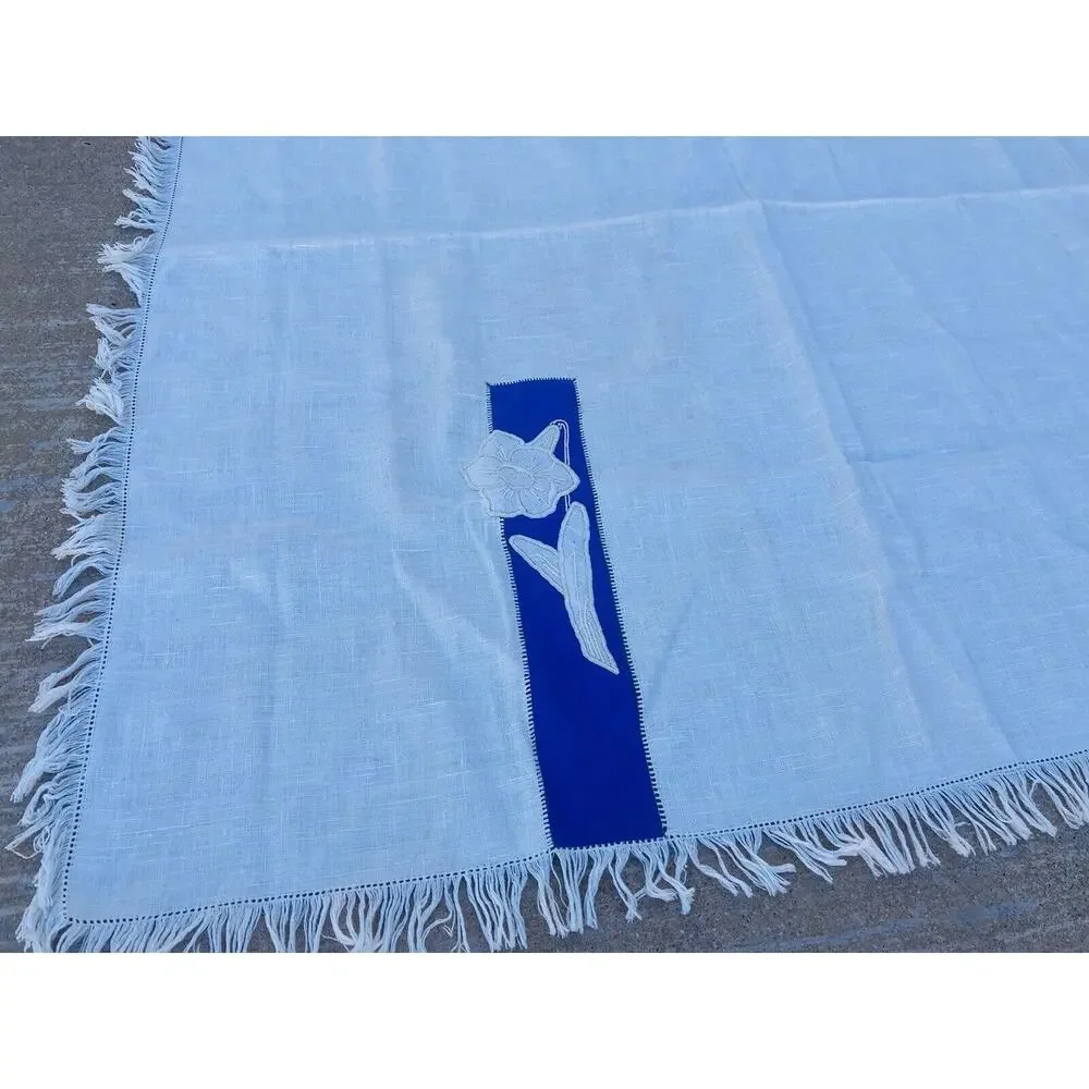 Antique Embroidered Table scarf Linen with fringe Square Blue Flowers Soft Card